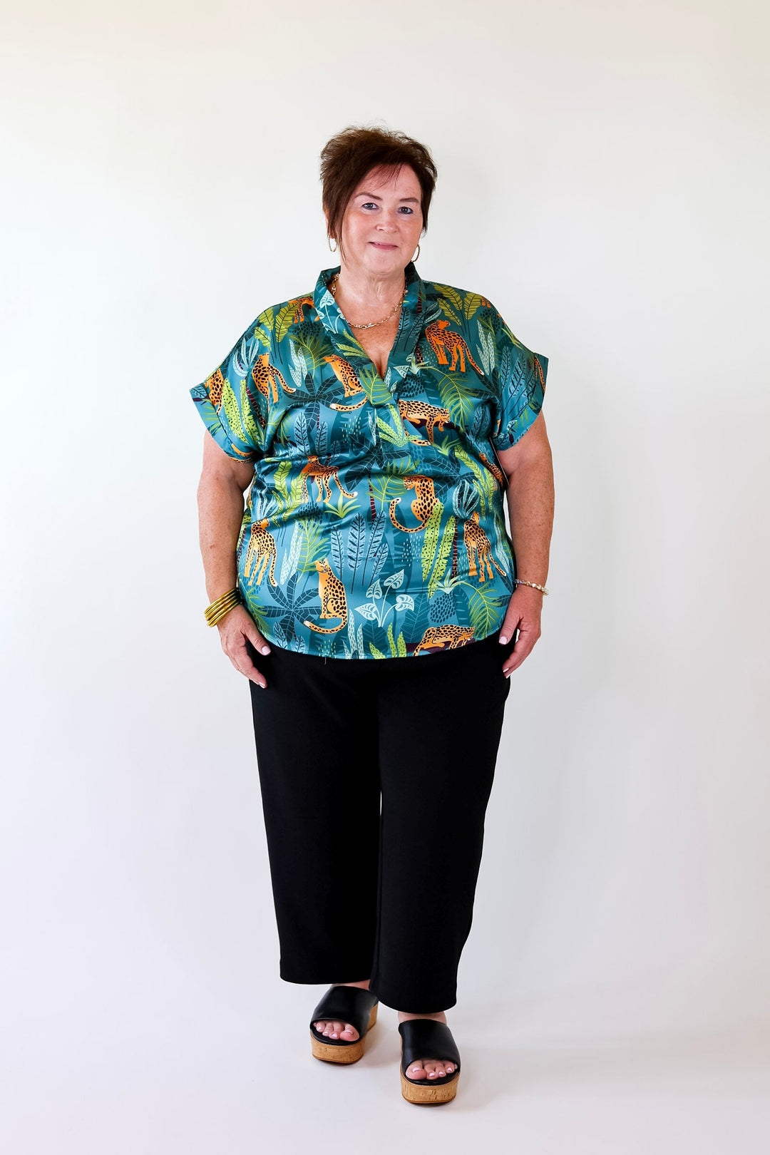 Center of Attention Jungle Print Top in Teal Blue - Giddy Up Glamour Boutique