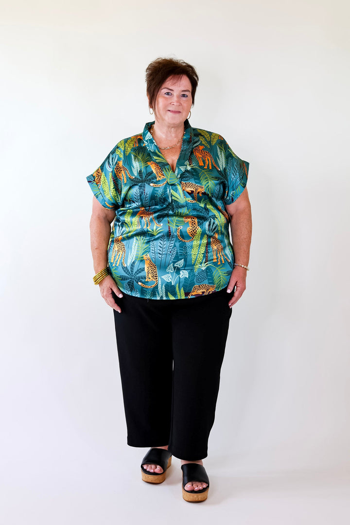 Center of Attention Jungle Print Top in Teal Blue - Giddy Up Glamour Boutique