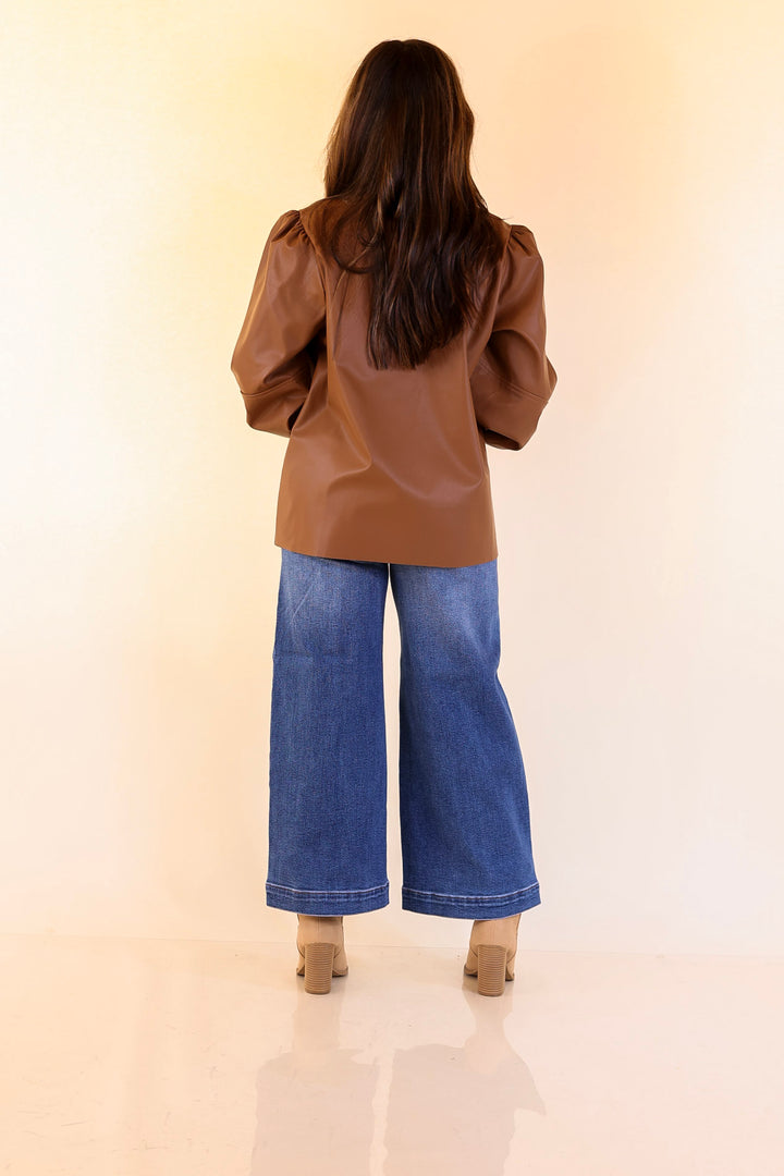 Mud Pie | Putnam Faux Leather Long Sleeve Top with Smocked Cuffs in Tan Brown
