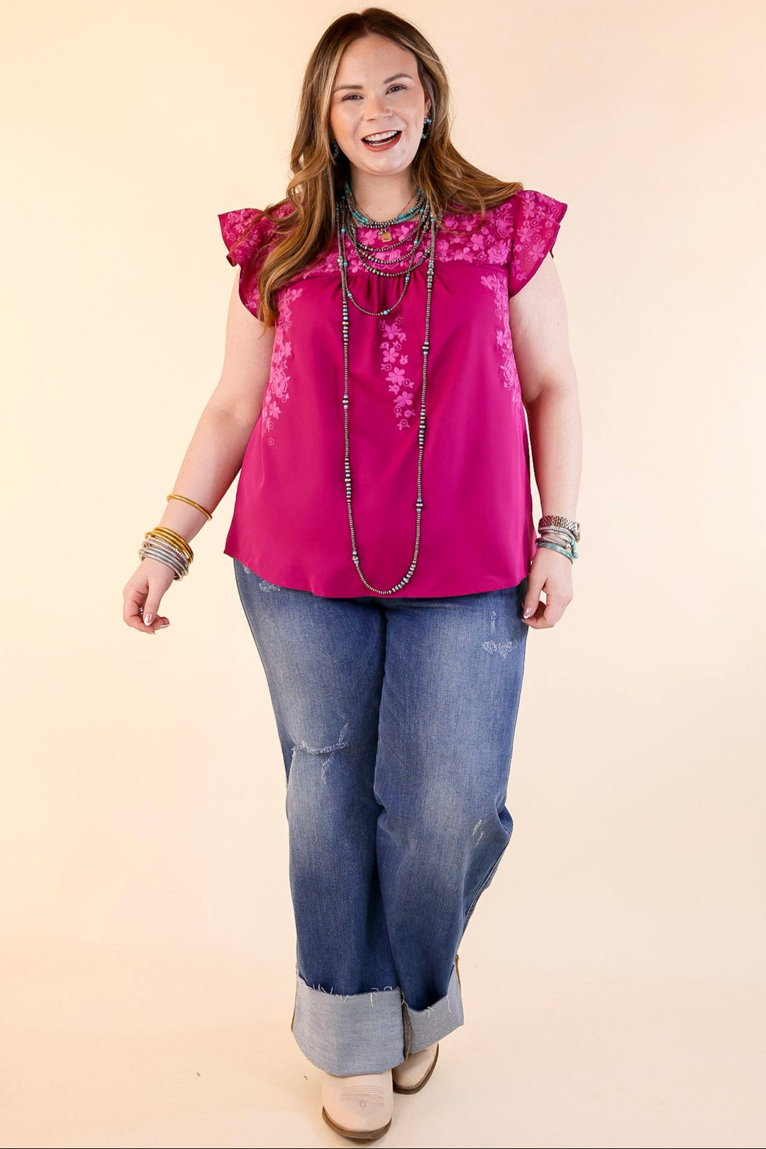 Picture Perfect Ruffle Cap Sleeve Top with Floral Embroidery in Magenta