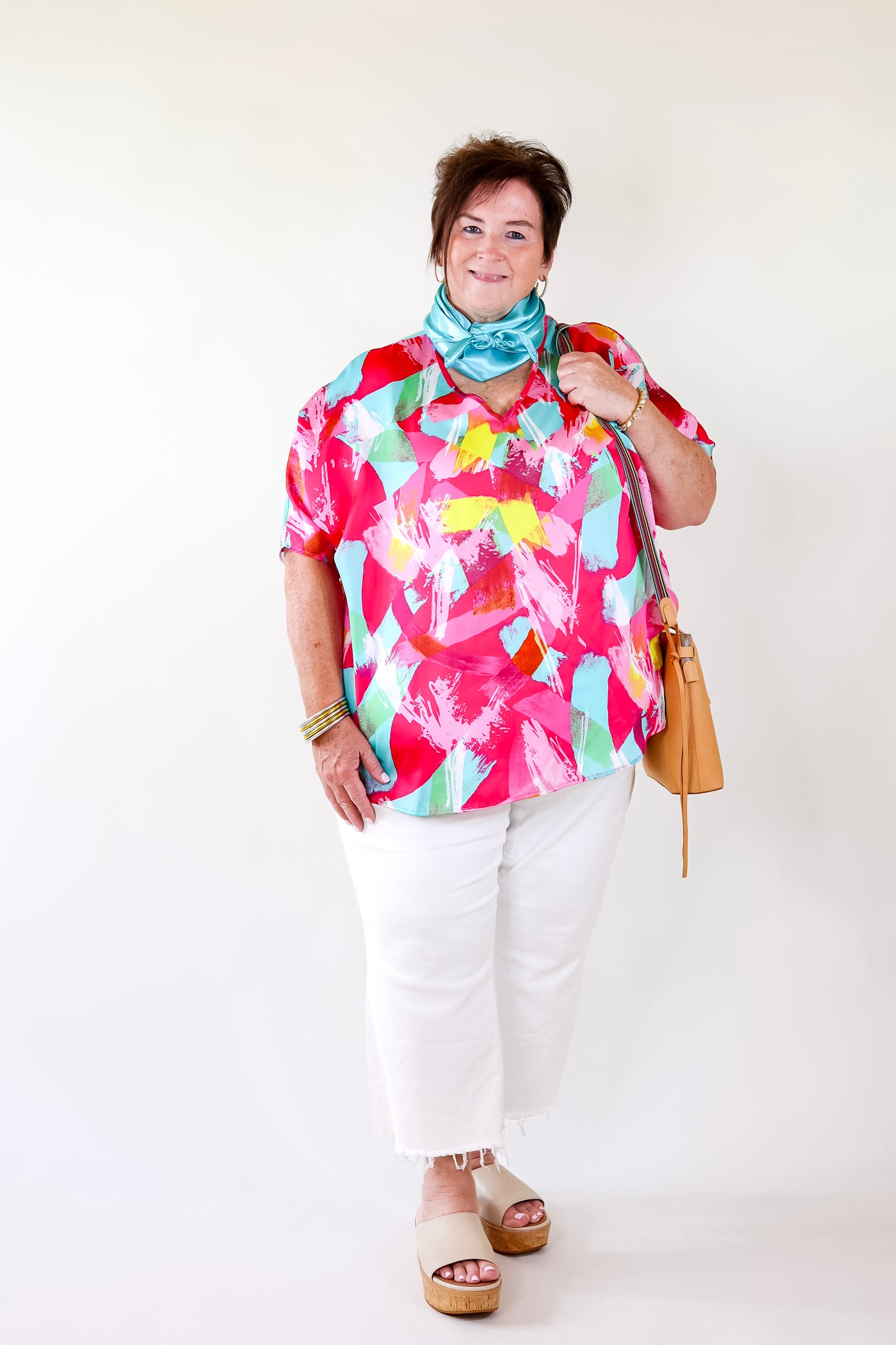 Spring It On Multi Color Brush Stroke Print Poncho Top in Pink Mix - Giddy Up Glamour Boutique
