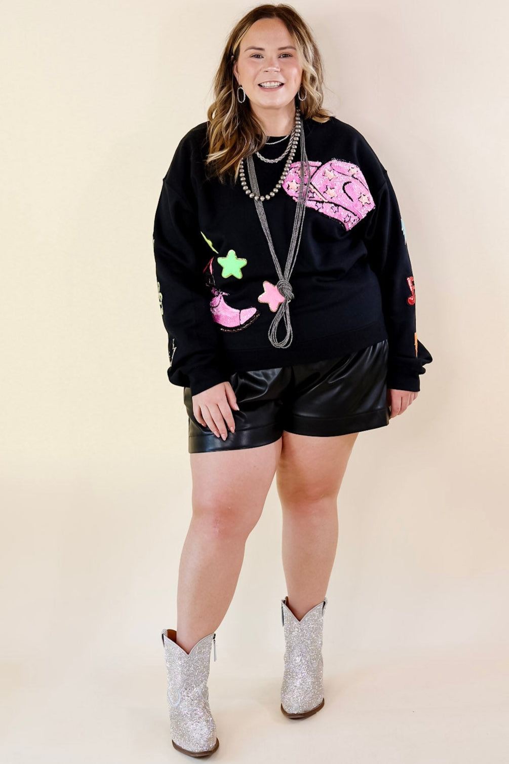 Nashville Lights Chenille and Sequin Patch Graphic Sweatshirt in Black - Giddy Up Glamour Boutique