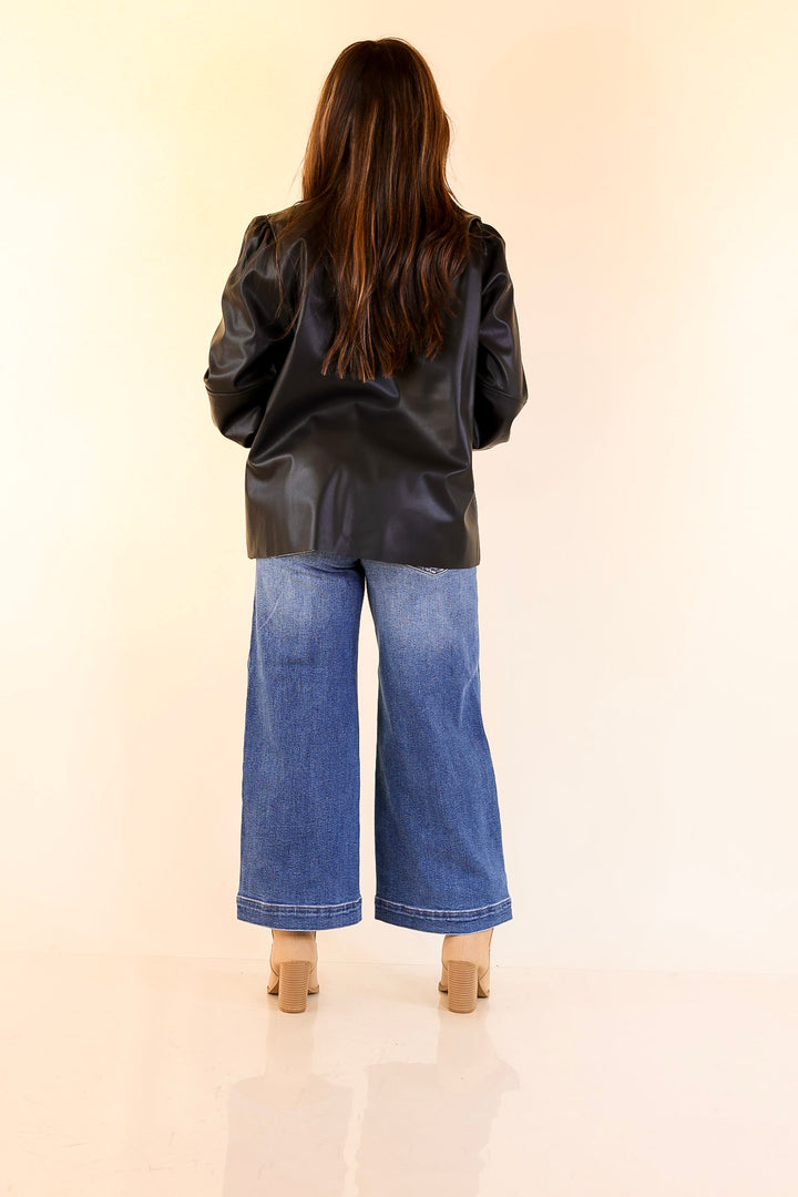 Mud Pie | Putnam Faux Leather Long Sleeve Top with Smocked Cuffs in Black