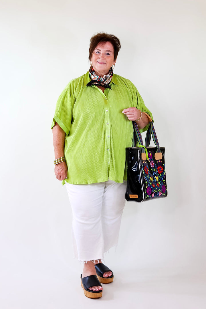 Walking In Paradise Plissé Button Up Top in Green - Giddy Up Glamour Boutique