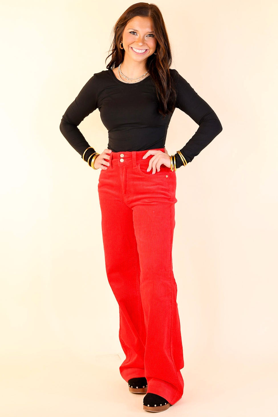 Last Chance Size 0, 1, 11, 13, 15, 14W-24W | Judy Blue | Strut in Style Wide Leg Corduroy Trouser in Ruby Red