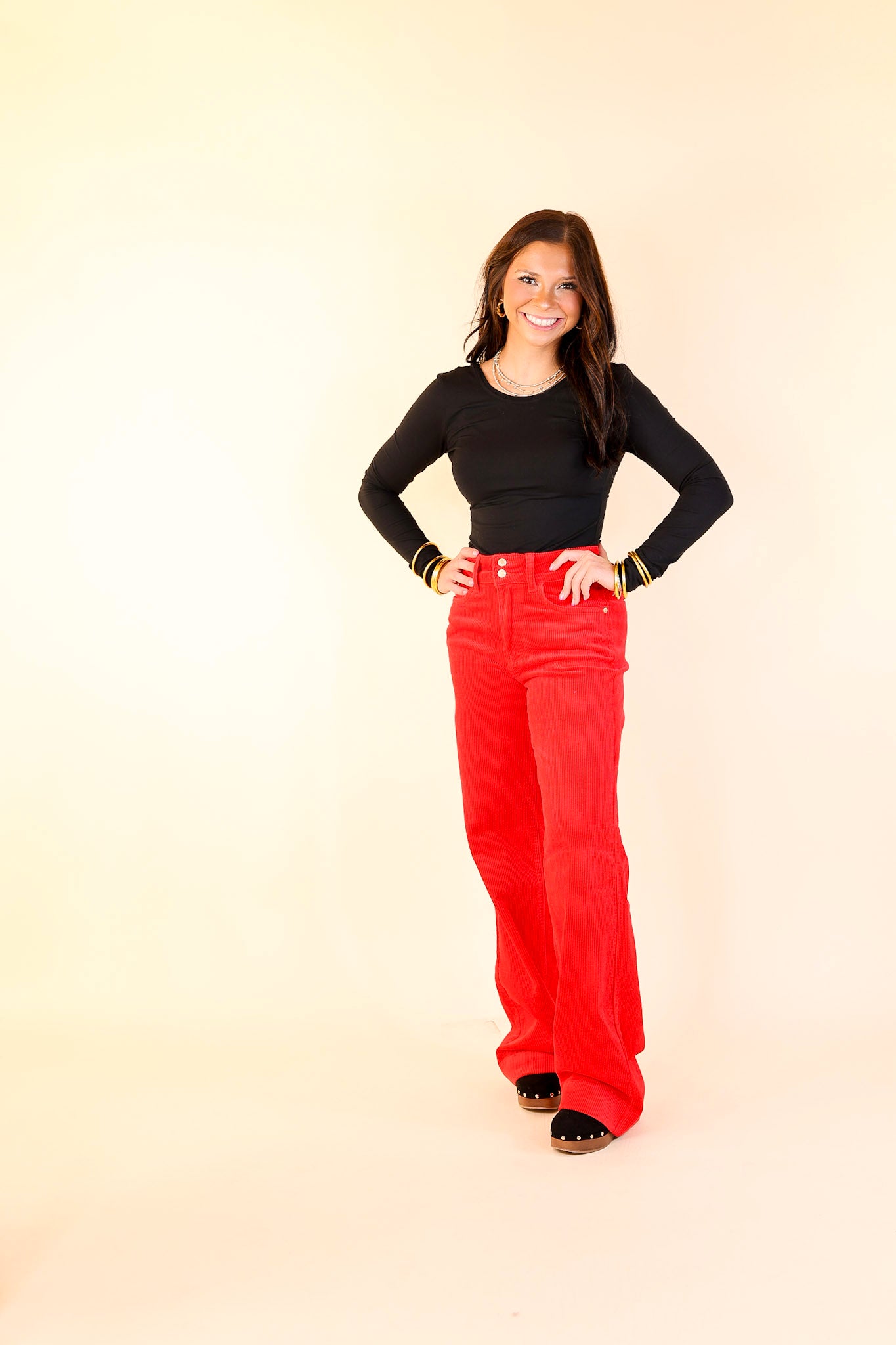 Judy Blue | Strut in Style High Waisted Wide Leg Corduroy Trouser in Ruby Red