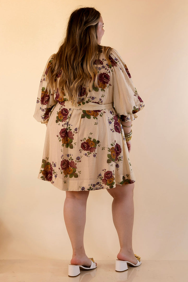 Garden Stroll Floral Dress with A-Line Skirt and and Belt in Vanilla Cream