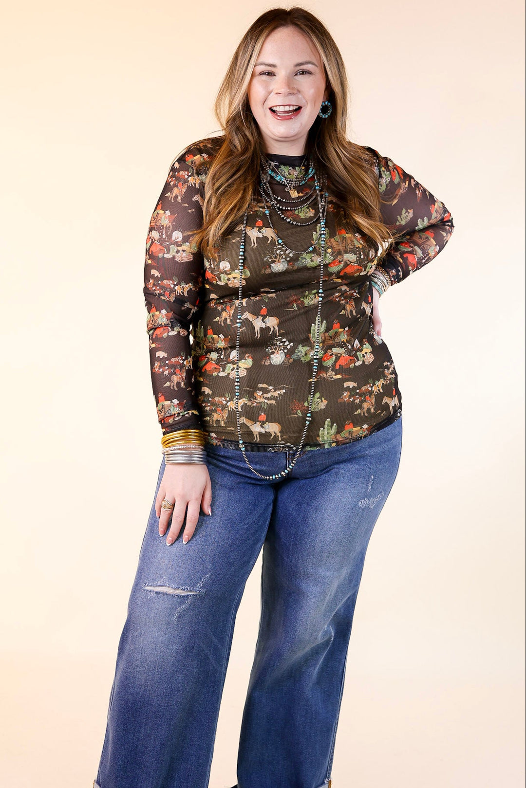 Western Dream Mesh Long Sleeve Top with Retro Western Print in Black