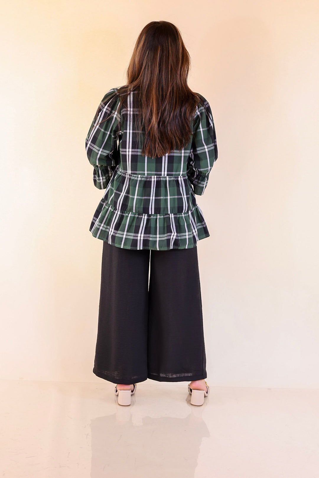 Mud Pie | Ashford Plaid Babydoll Top with Ruffle Hem and 3/4 Balloon Sleeves in Green