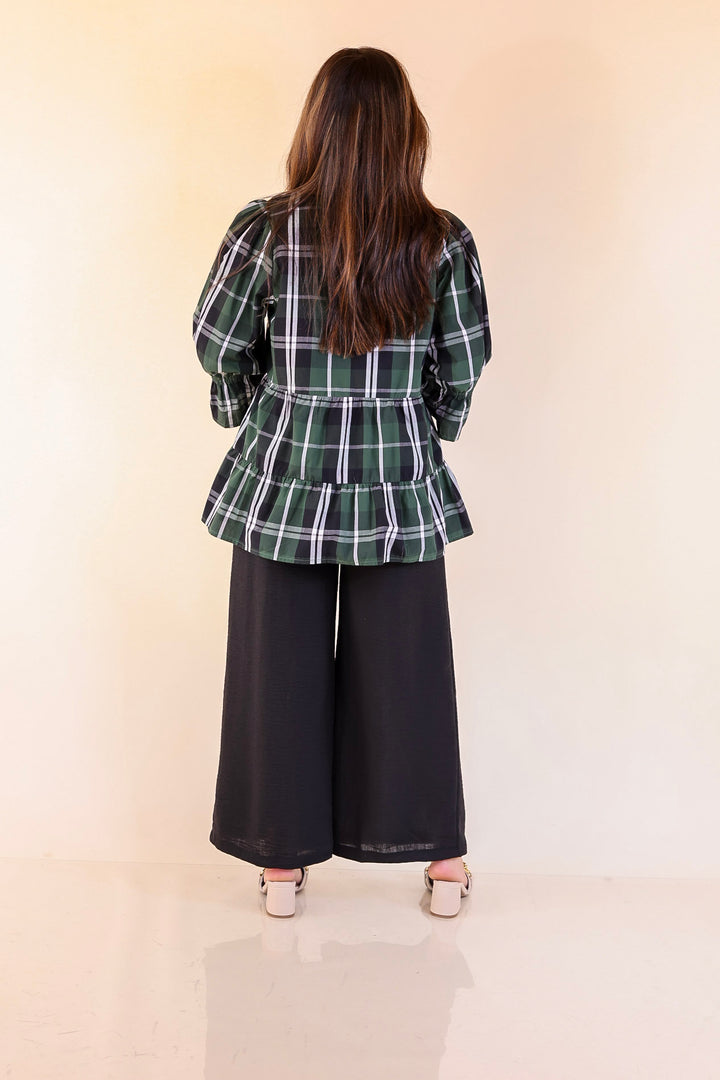 Mud Pie | Ashford Plaid Babydoll Top with Ruffle Hem and 3/4 Balloon Sleeves in Green