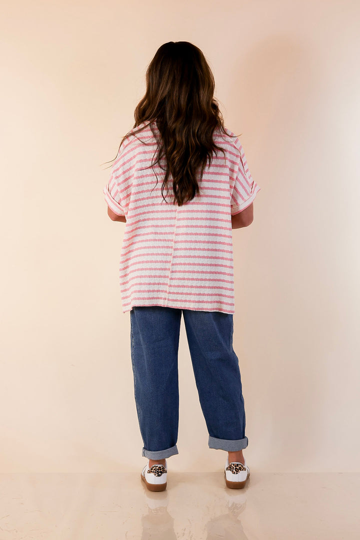 On The Daily Scoop Neck Short Sleeve Textured Top in Pink