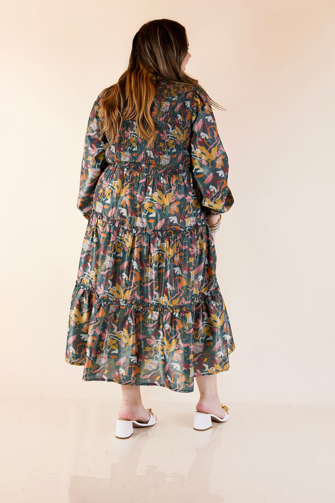 Mud Pie | Shaffer Smocked Bodice Long Sleeve Midi Dress with Tiered Skirt in Blue Mix