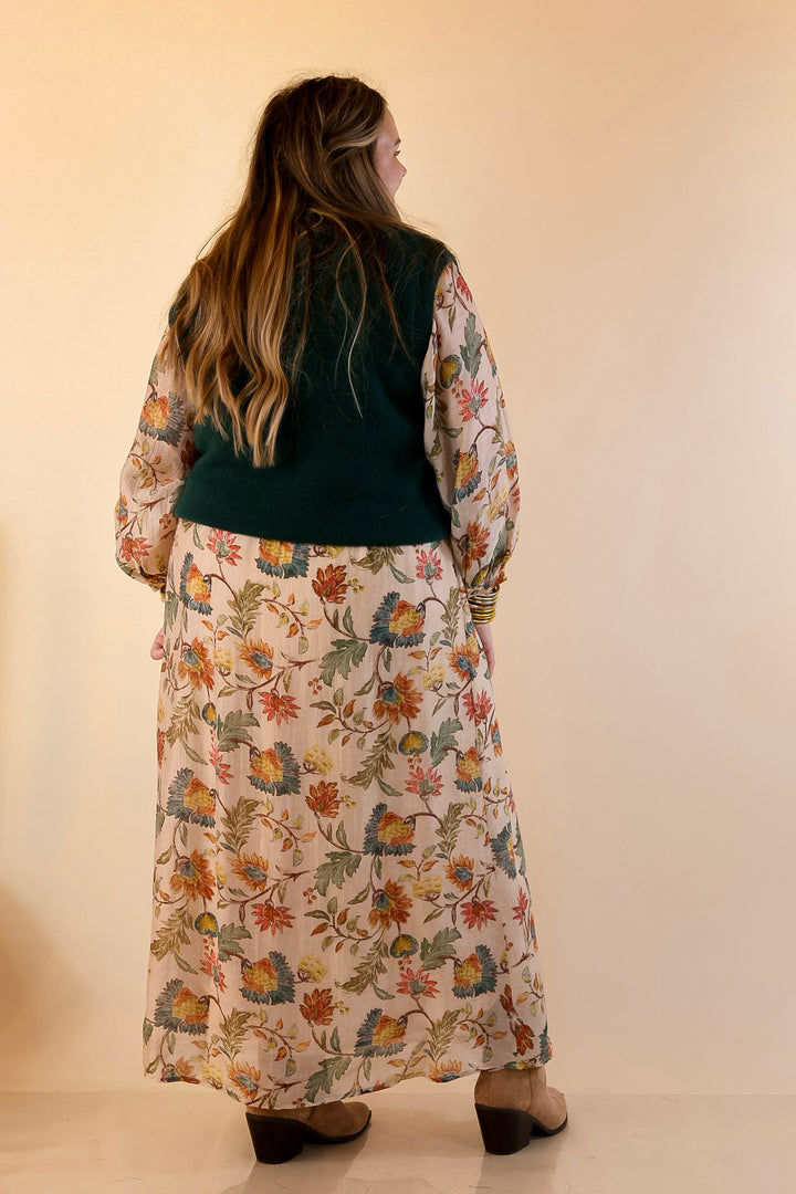 Charming Impression Floral Print Maxi Dress with Long Sleeves in Cream, Olive, Teal and Rust
