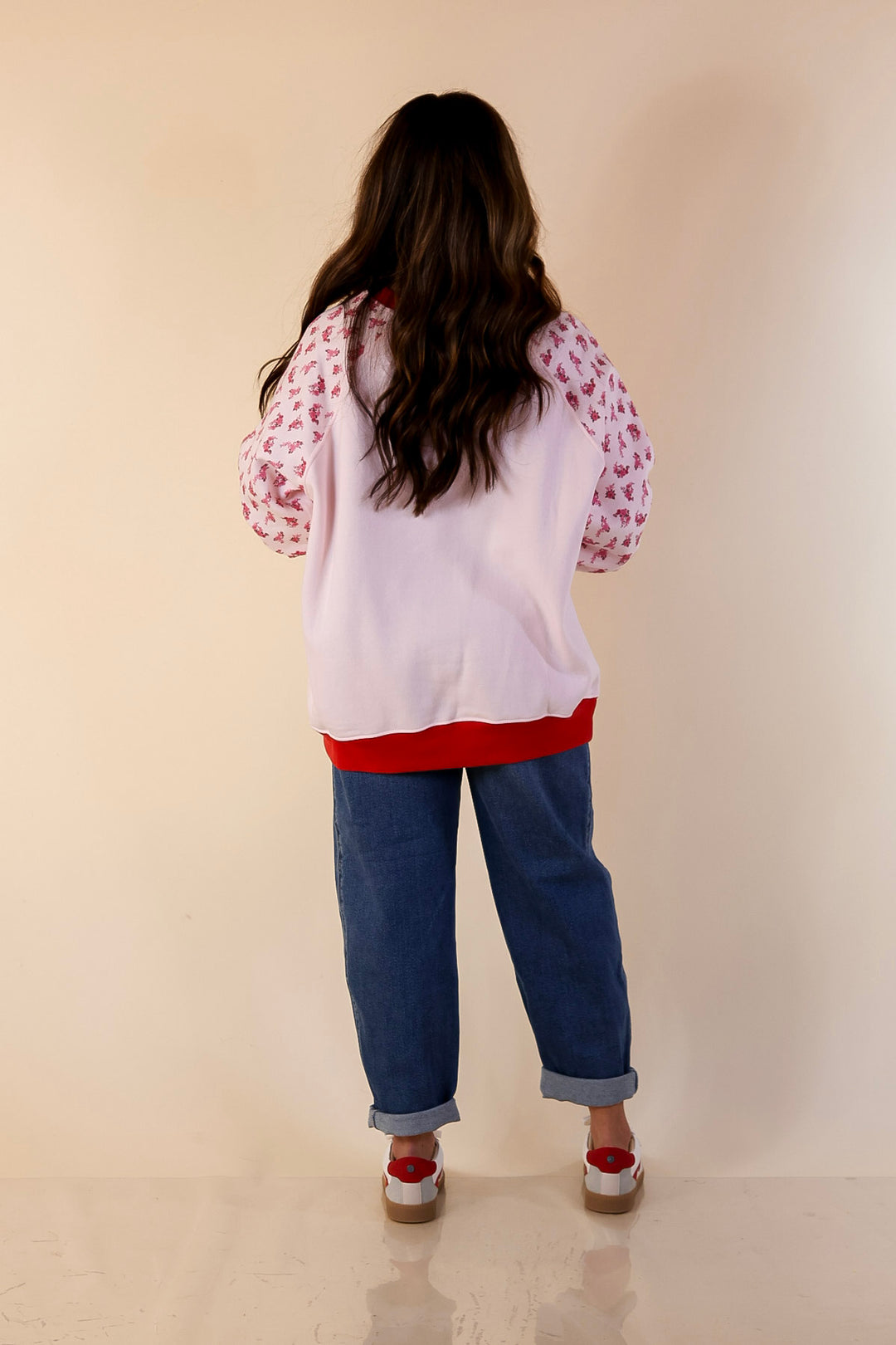 Simply Southern | Sweet on You Bow Detail Crew Neck Sweatshirt with Floral Sleeves in Pink