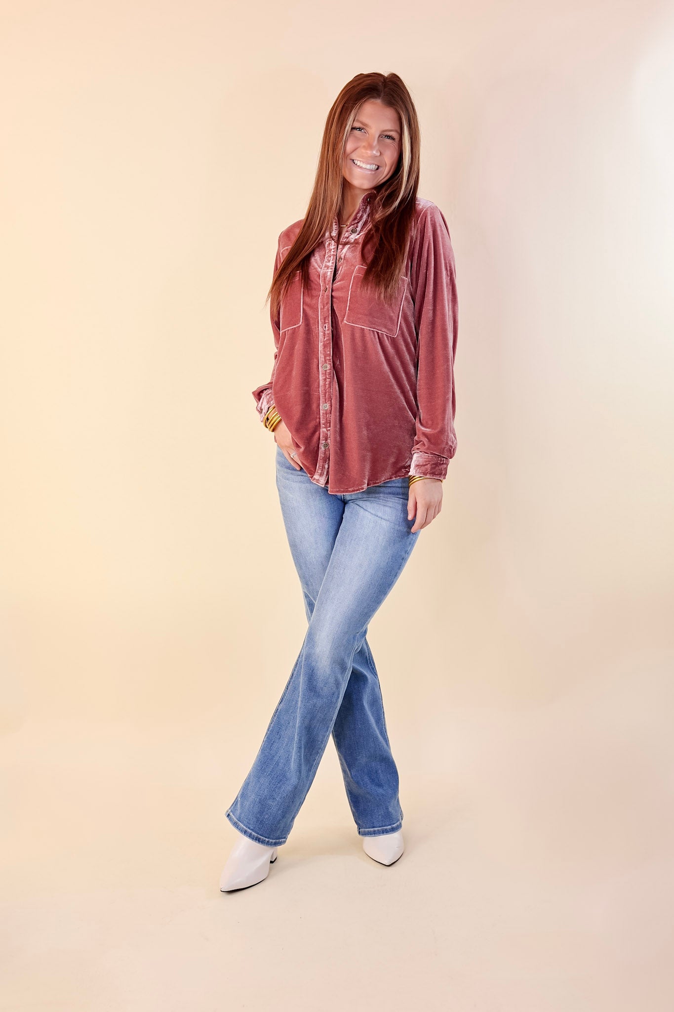 Candy Apple Evening Button Up Velvet Long Sleeve Blouse in Rose Quartz Pink - Giddy Up Glamour Boutique