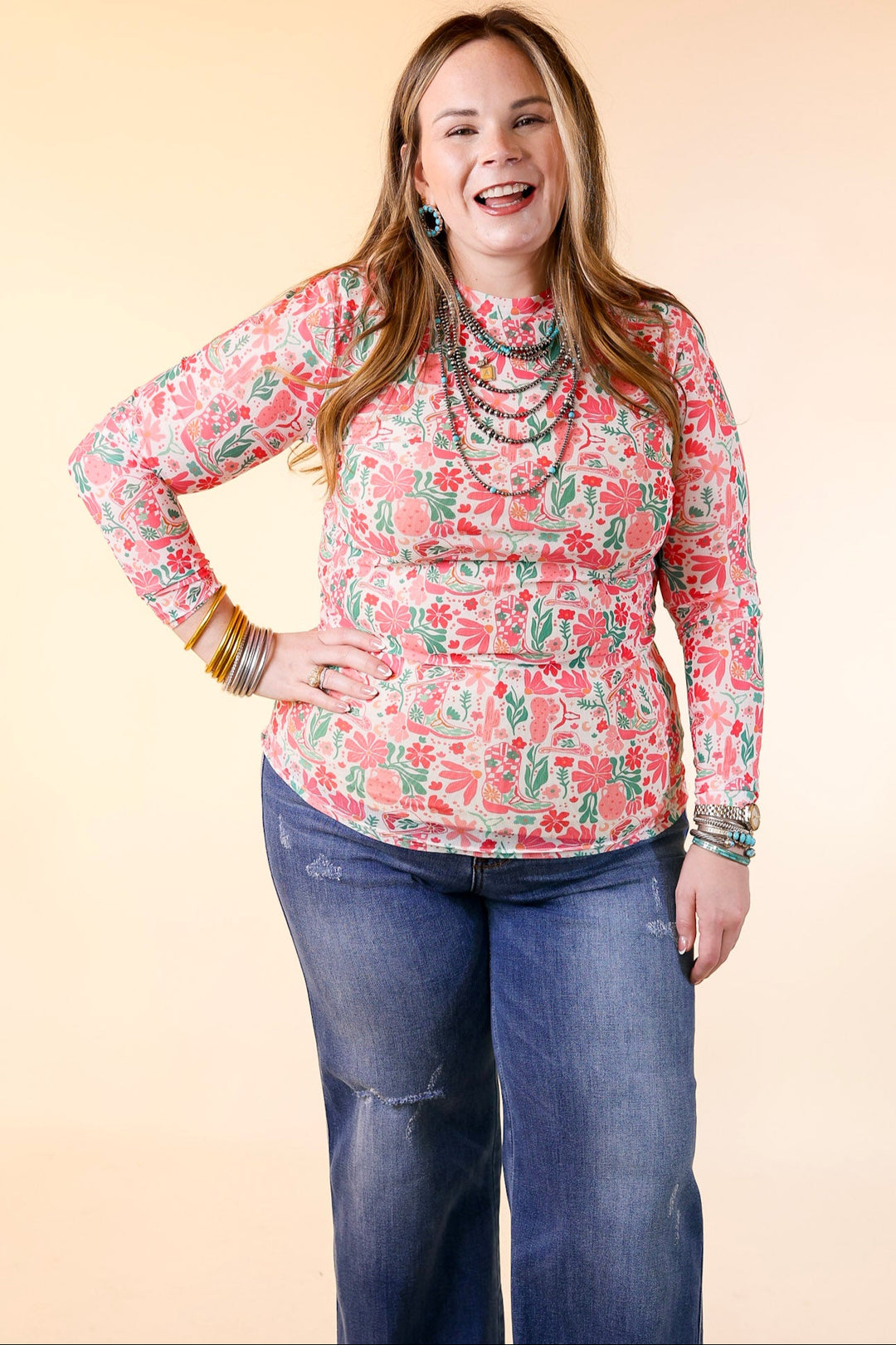Western Dream Mesh Long Sleeve Top with Western Floral Print in Pink