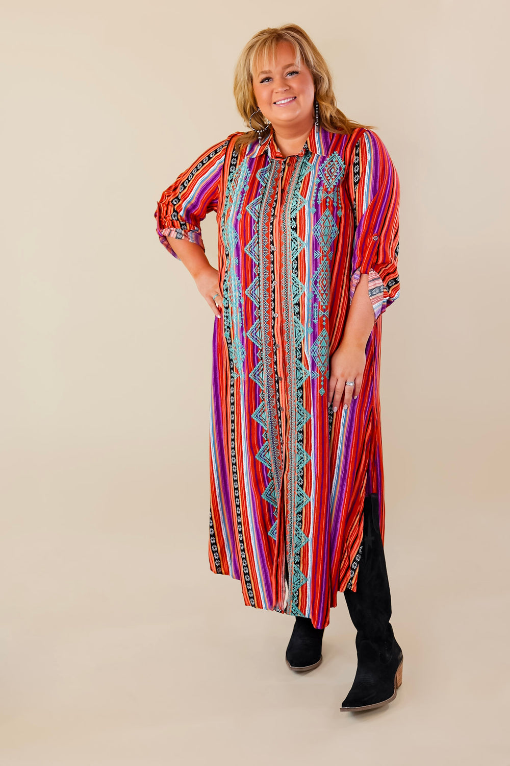 I'm All That Long Serape Button Up Dress with Aztec Print Embroidery - Giddy Up Glamour Boutique