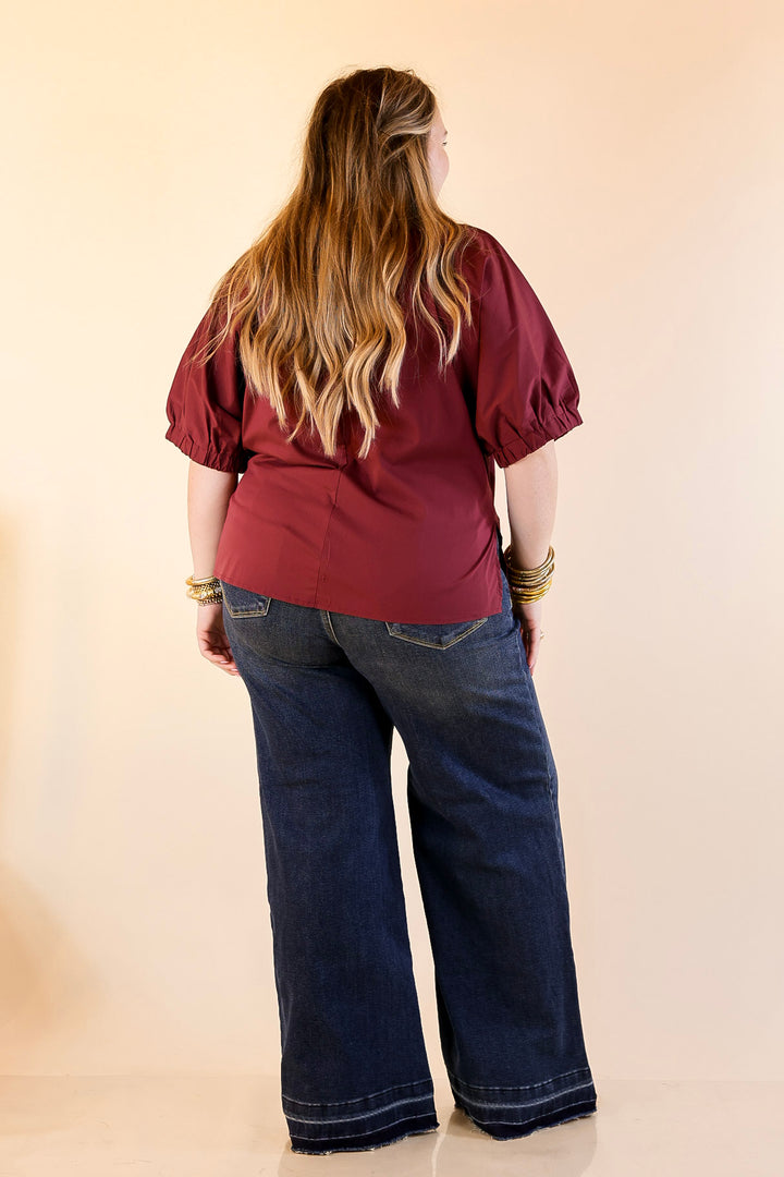 Elevated Basic V-Neck Blouse With Drop Shoulder in Maroon