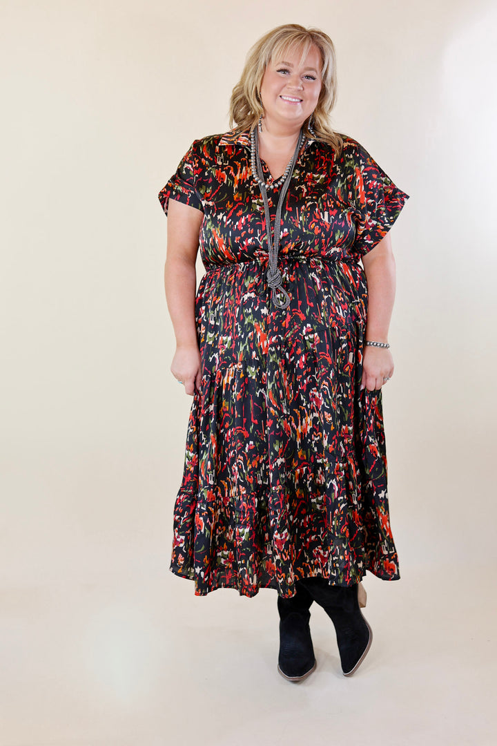 Burnin' Up Multicolor Abstract Print Midi Dress in Black - Giddy Up Glamour Boutique