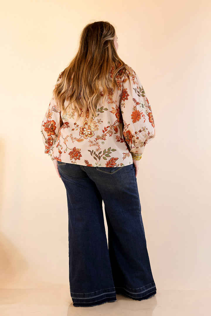Autumn Allure Floral Long Sleeve Top with Contrast Trim in Rust Orange
