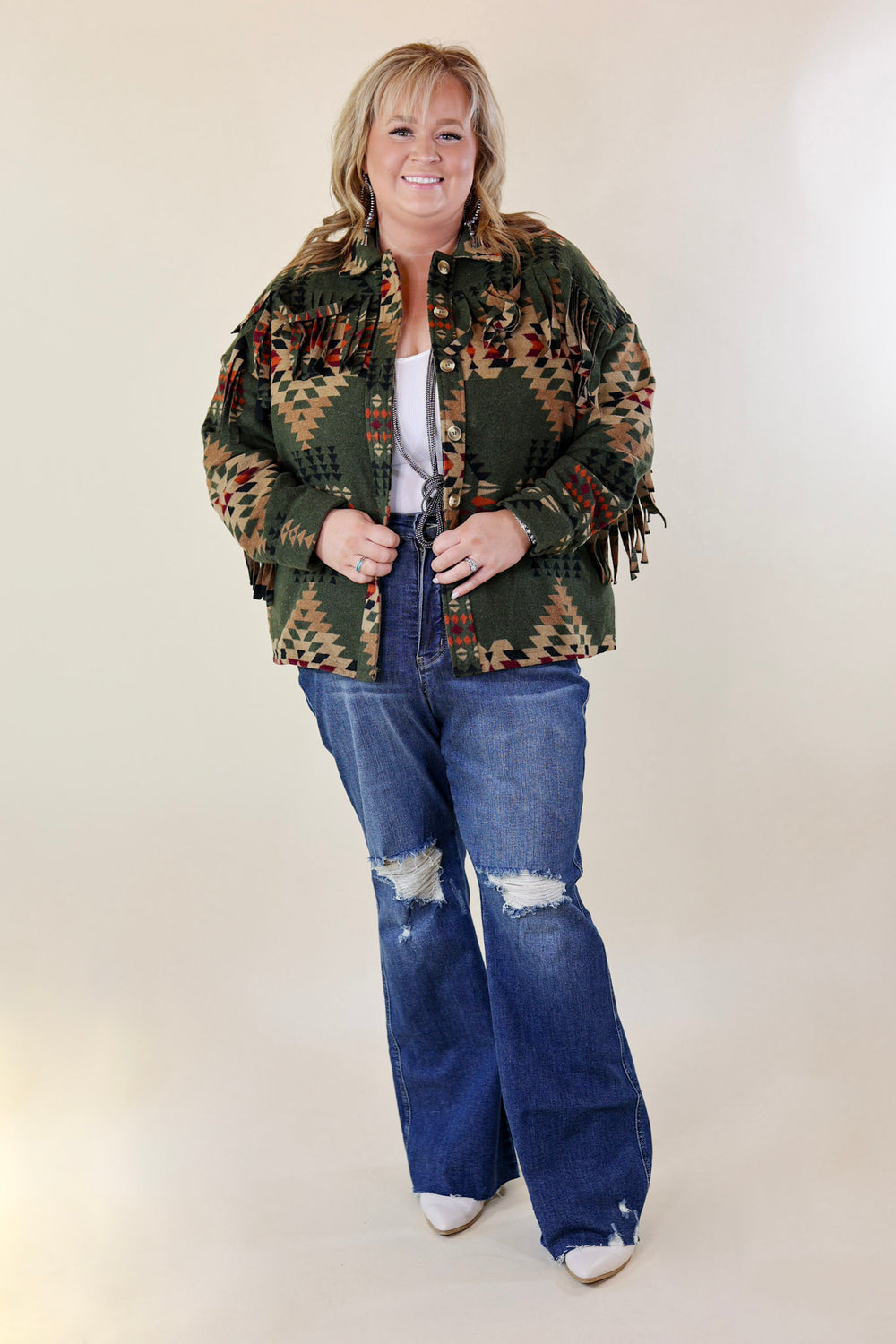 Take Over Aztec Print Button Up Jacket with Fringe in Olive Green - Giddy Up Glamour Boutique