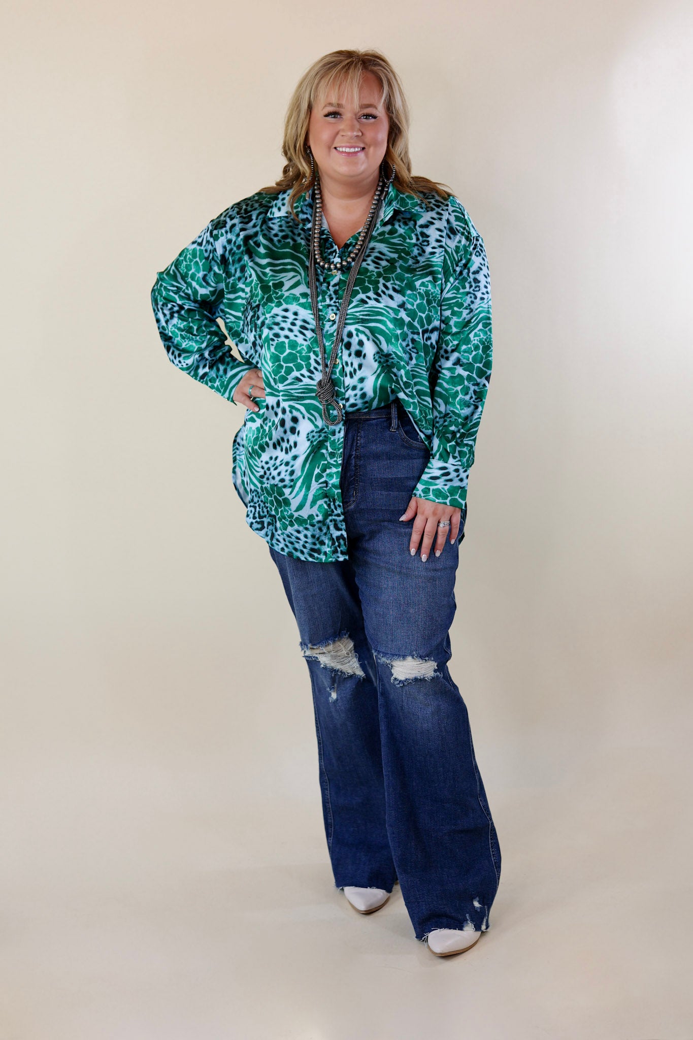 Tell Me Something Good Mixed Animal Print Long Sleeve Button Up Top in Green - Giddy Up Glamour Boutique