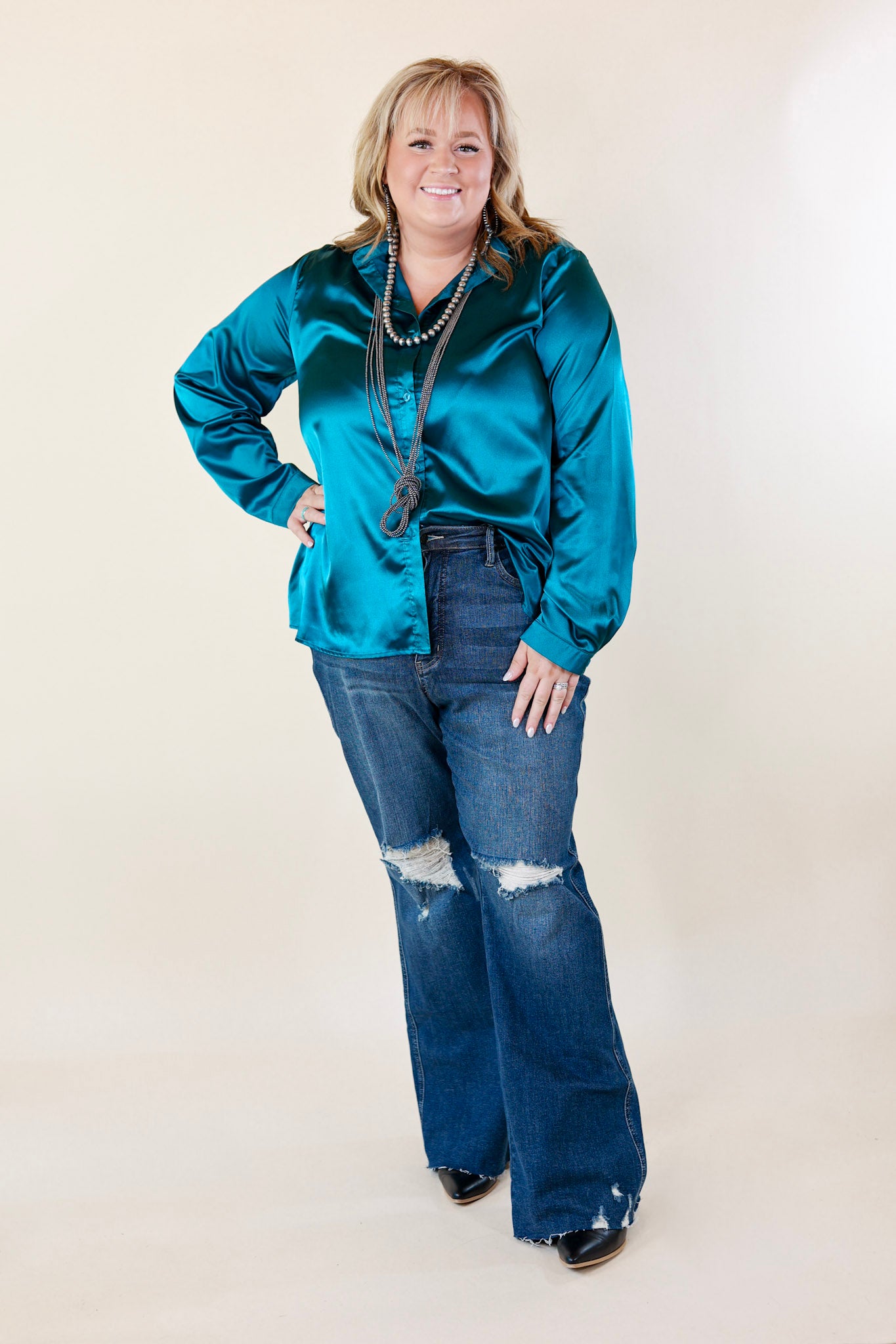 Down To Disco Satin Long Sleeve Button Up Top in Teal Blue