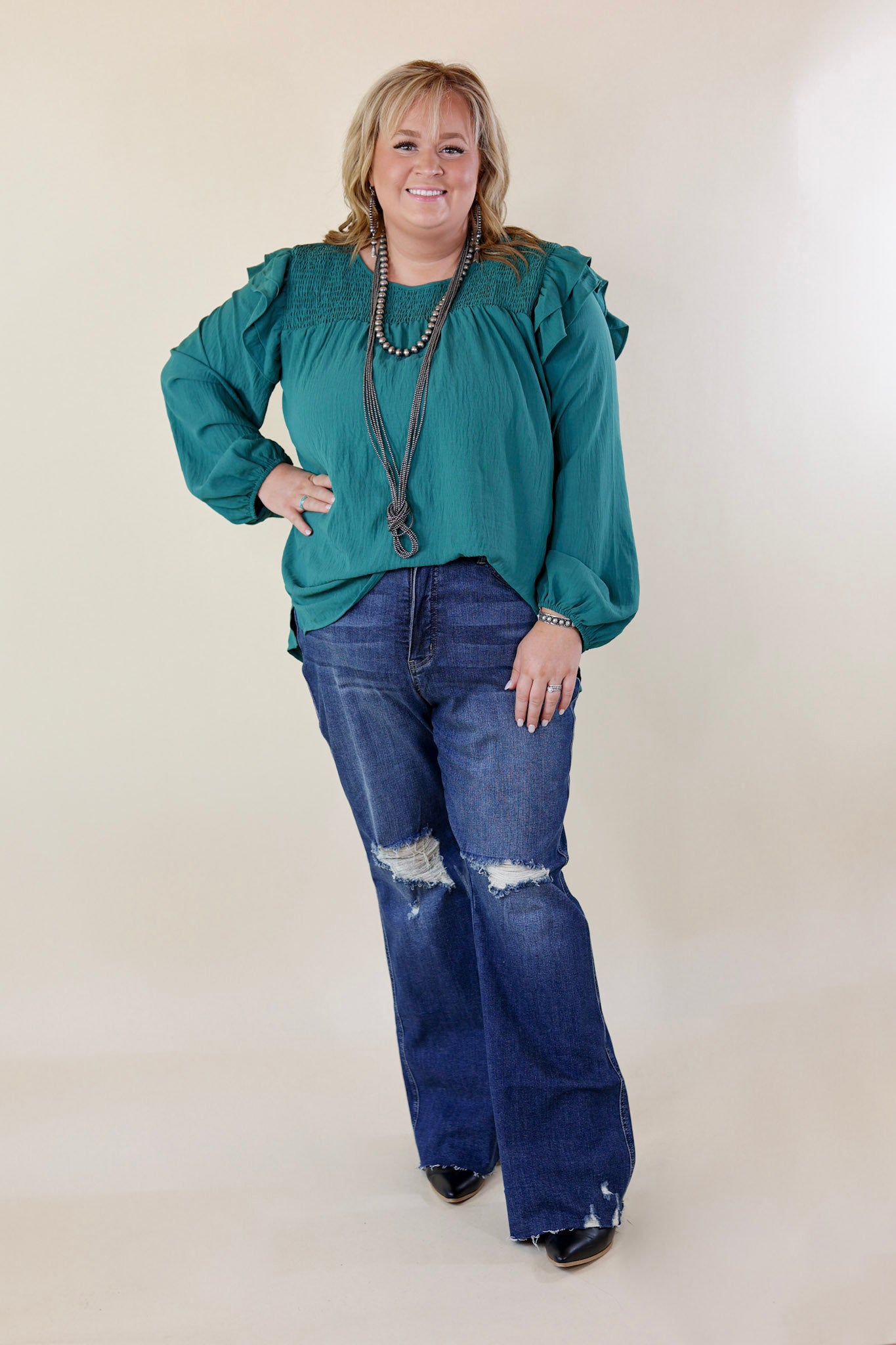 Balcony Nights Ruffle Shoulder Long Sleeve Blouse in Teal - Giddy Up Glamour Boutique