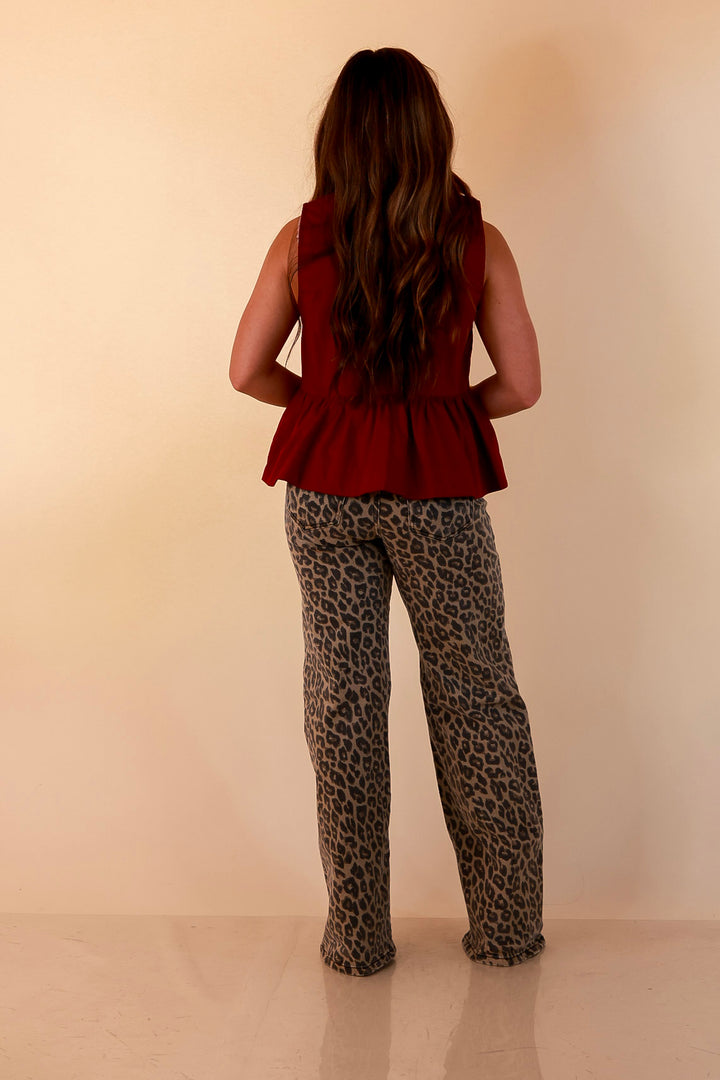 Poised &amp; Polished Sleeveless Ruffle Neck Button Front Peplum Top in Maroon