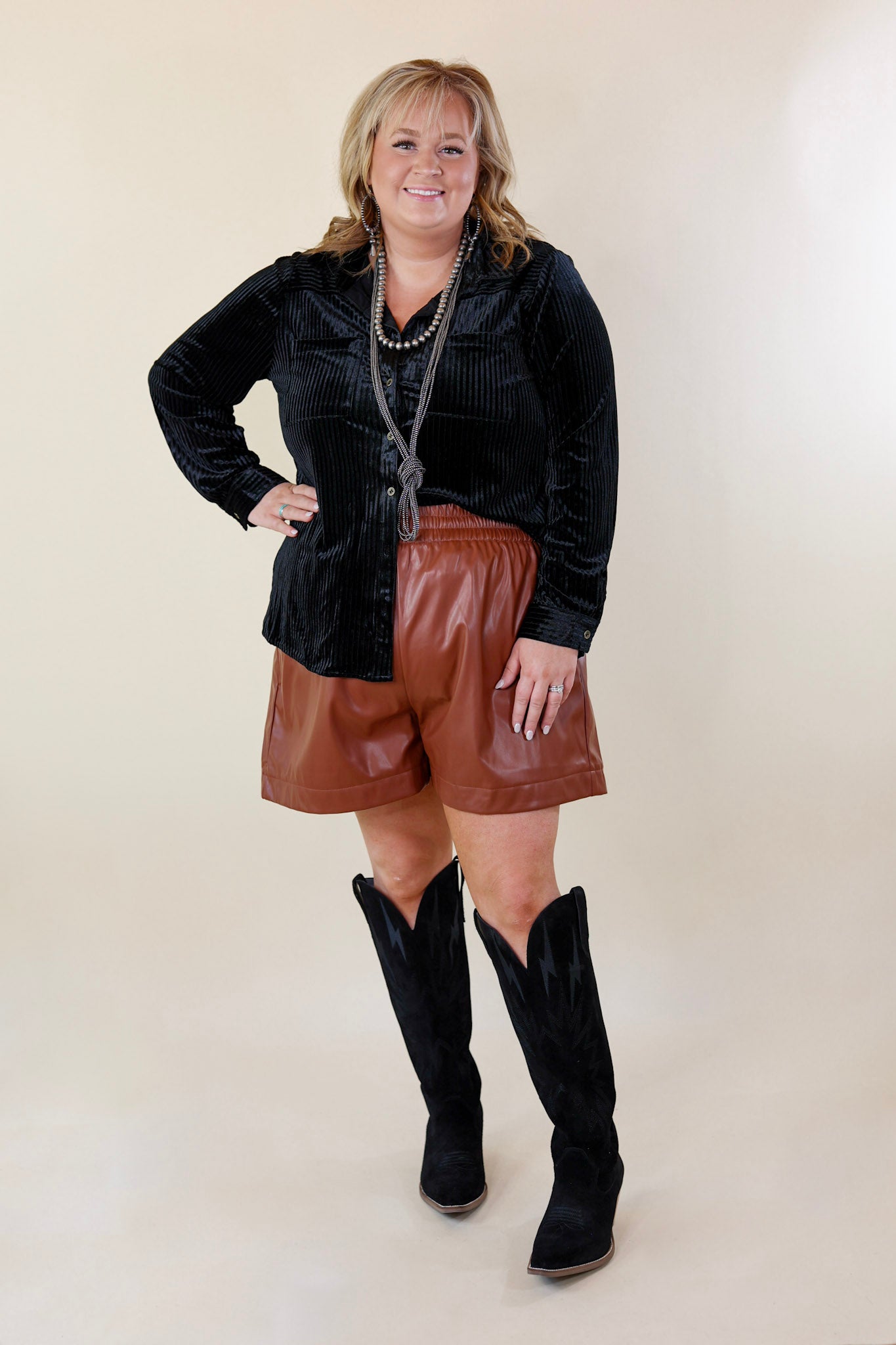 Making a Statement Faux Leather Shorts in Brown - Giddy Up Glamour Boutique