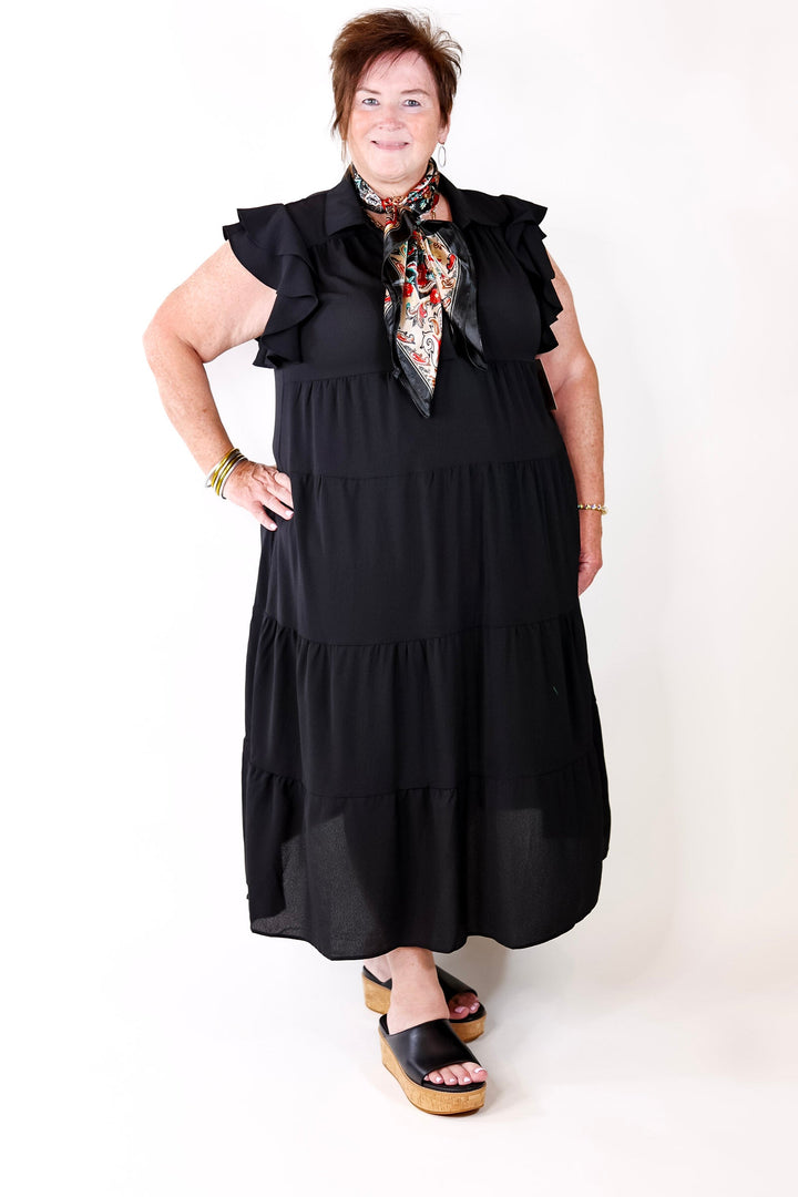 All Of A Sudden Tiered Midi Dress with Ruffle Cap Sleeves in Black - Giddy Up Glamour Boutique
