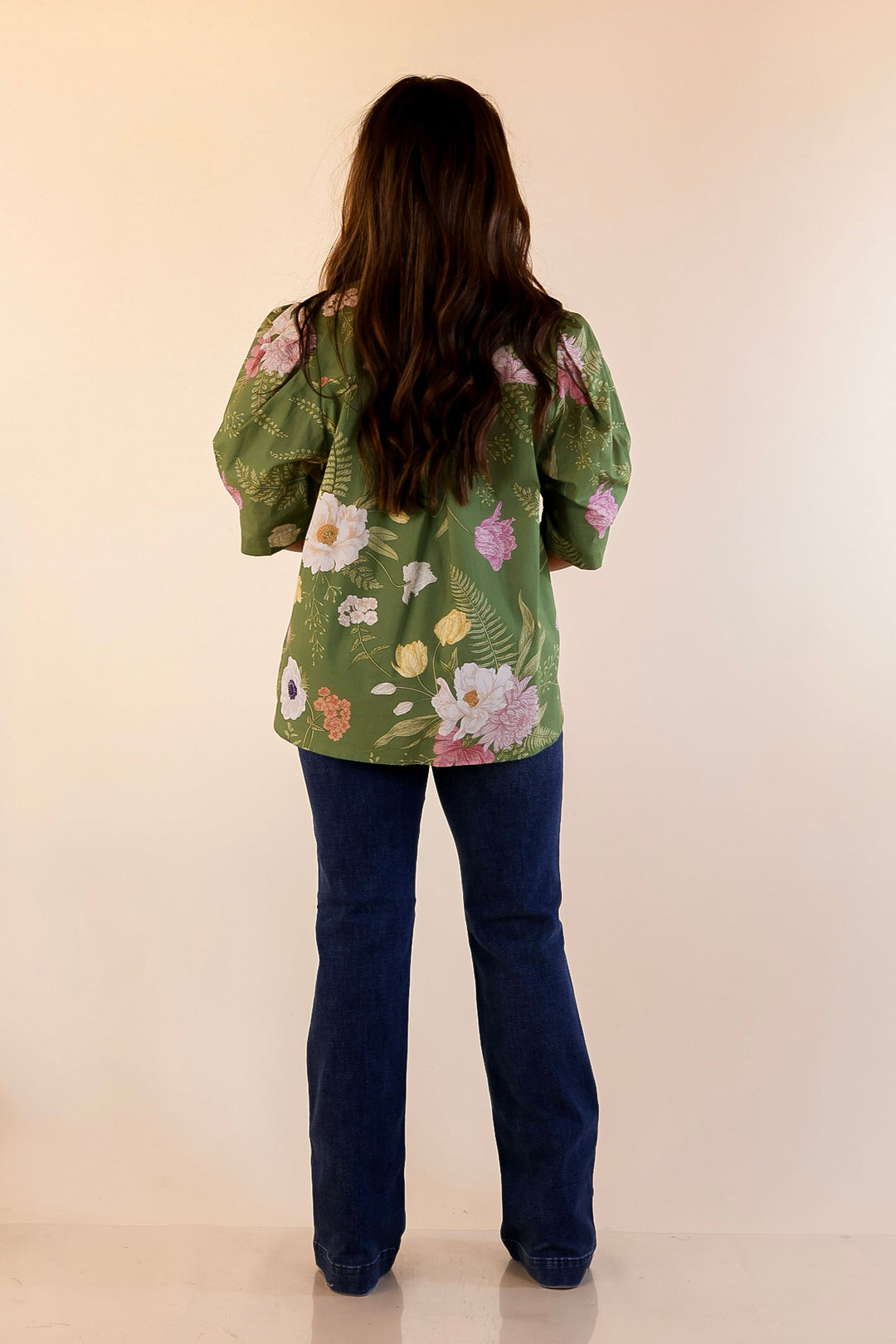 First Glance Button Up Puff Sleeve Floral Print Top in Olive Green