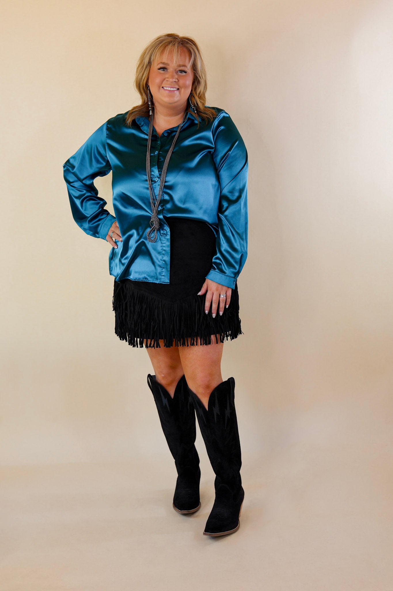 Plus Sizes | Pep Into Your Step Suede Fringe Skirt in Black - Giddy Up Glamour Boutique