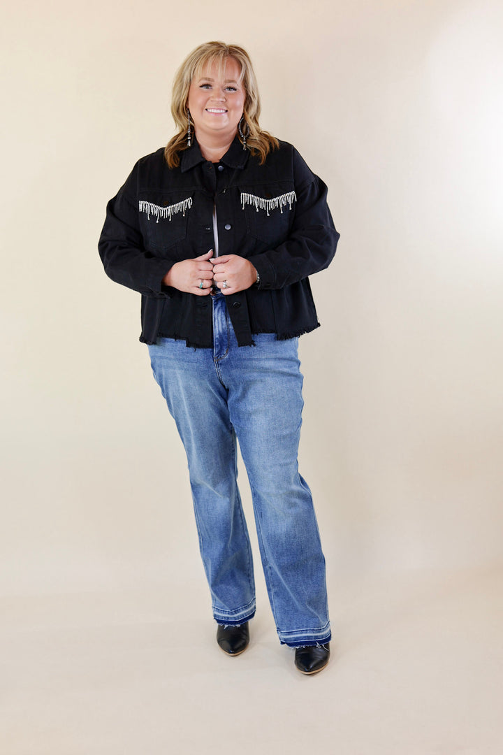 Made To Shine Crystal Fringe Pocket Cropped Denim Jacket in Black - Giddy Up Glamour Boutique