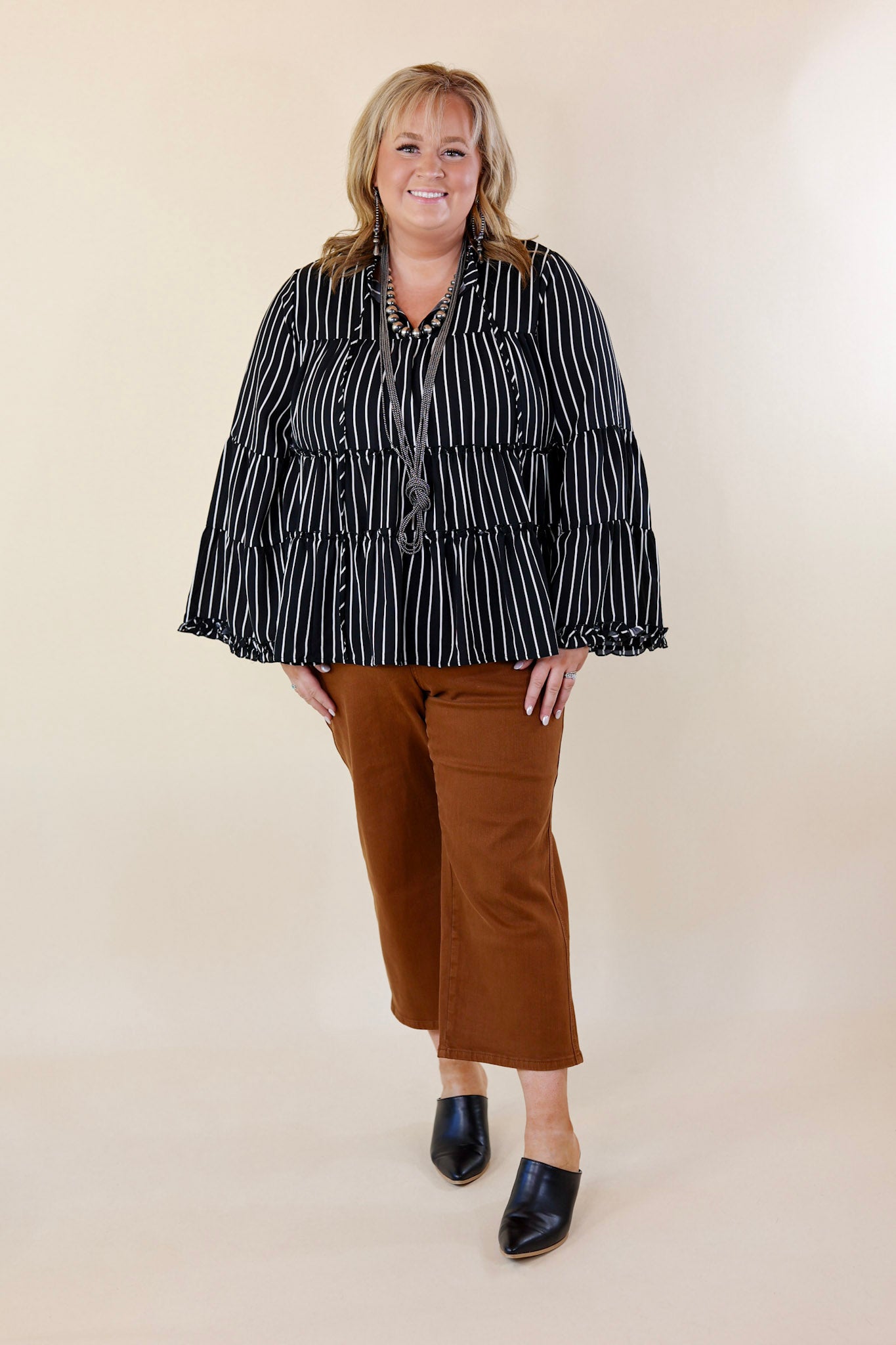 Impressive Touch Striped Bell Sleeve Tiered Blouse in Black - Giddy Up Glamour Boutique