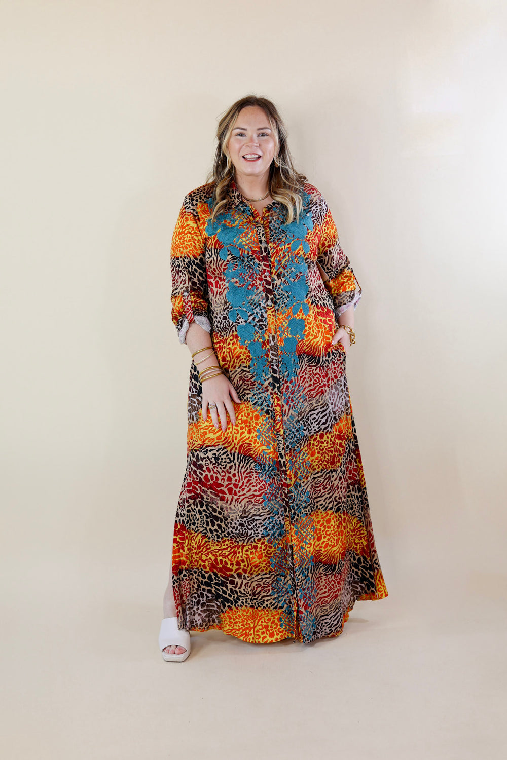 Multi Color Leopard Button Up Embroidered Maxi Dress S Multi Color Leopard Button Up Embroidered Maxi Dress S