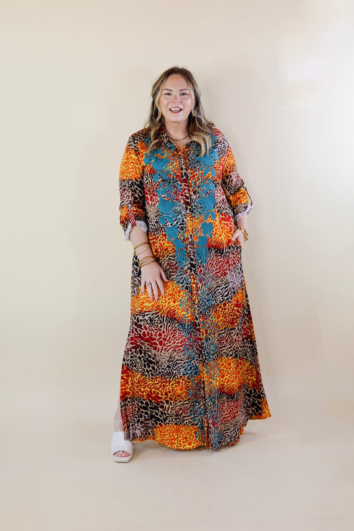 I'm All That Long Multi Color Leopard Button Up Maxi Dress with Turquoise Floral Print Embroidery