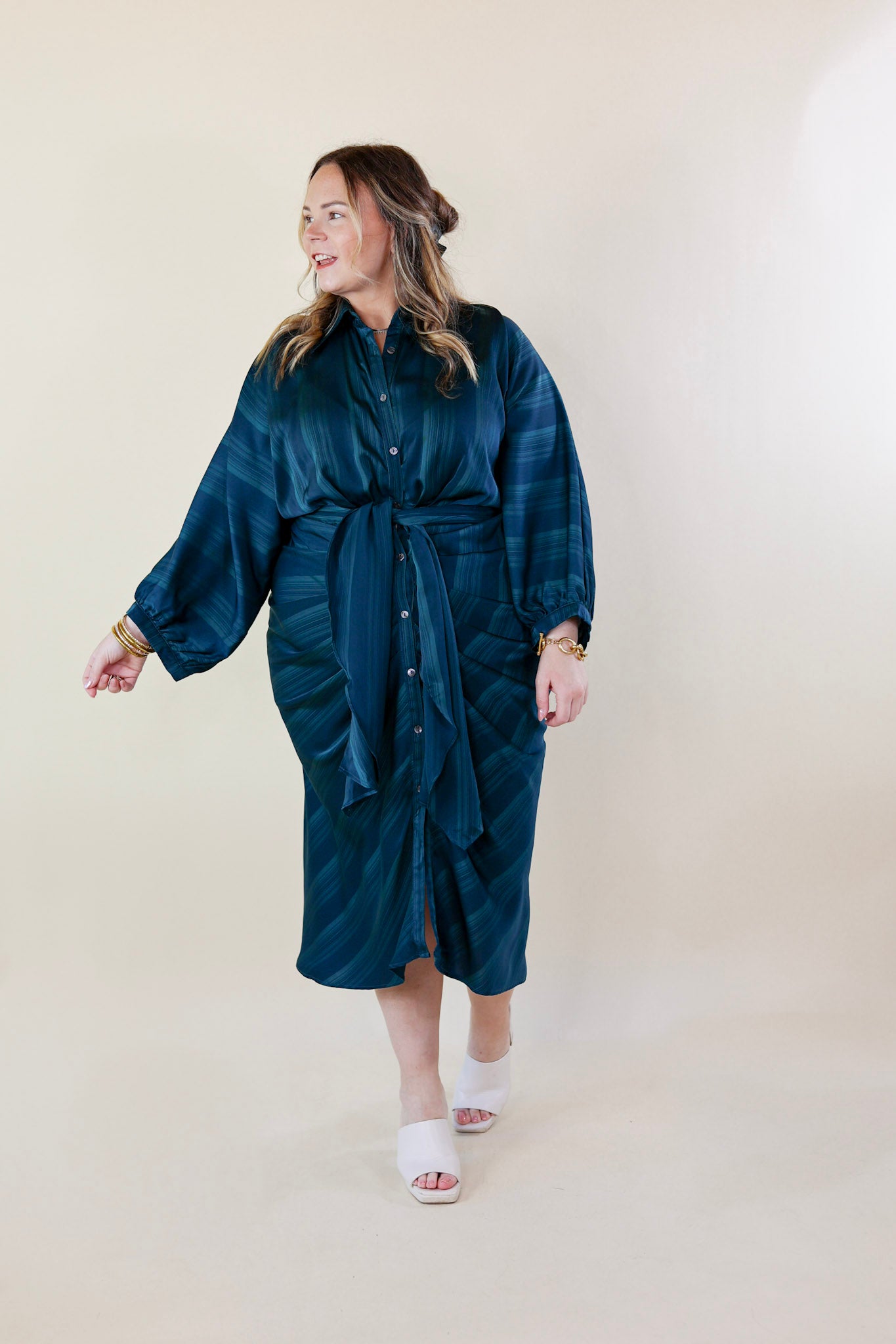 Decisions To Make Button Up Midi Dress in Dark Teal Blue - Giddy Up Glamour Boutique