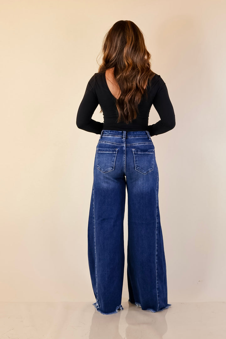 Risen | Holding Steady Wide Leg Raw Hem Jeans in Dark Wash