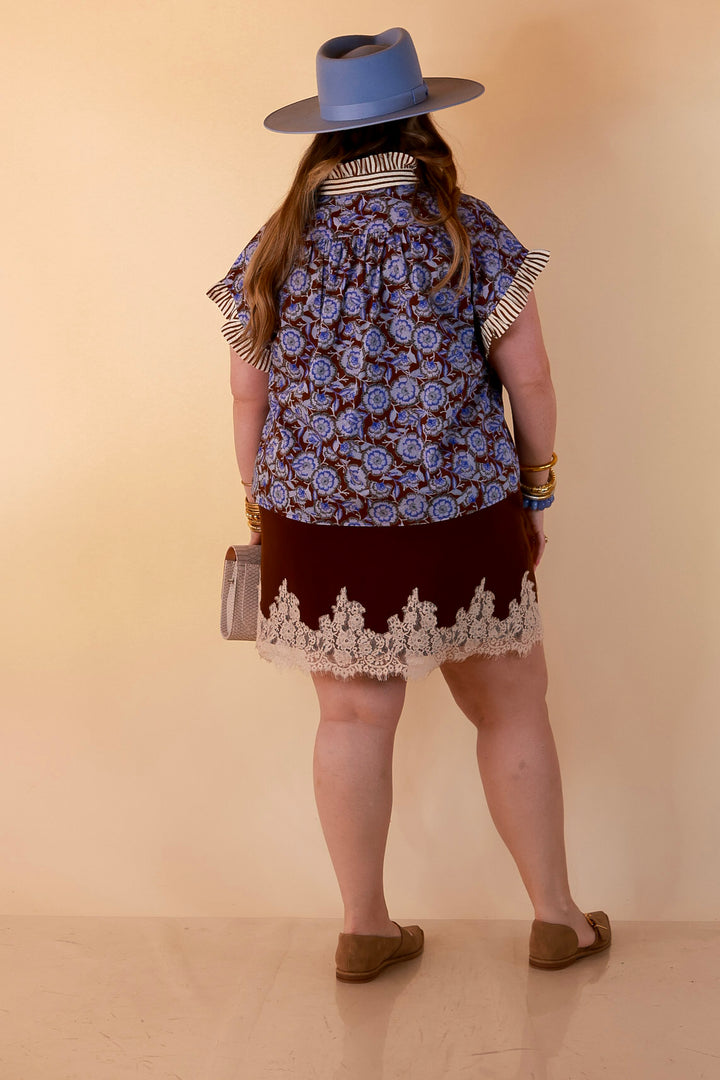 Effortless Grace Floral Print Flutter Stripe Sleeve and Ruffle Collar Detailing Blouse in Brown and Periwinkle Blue