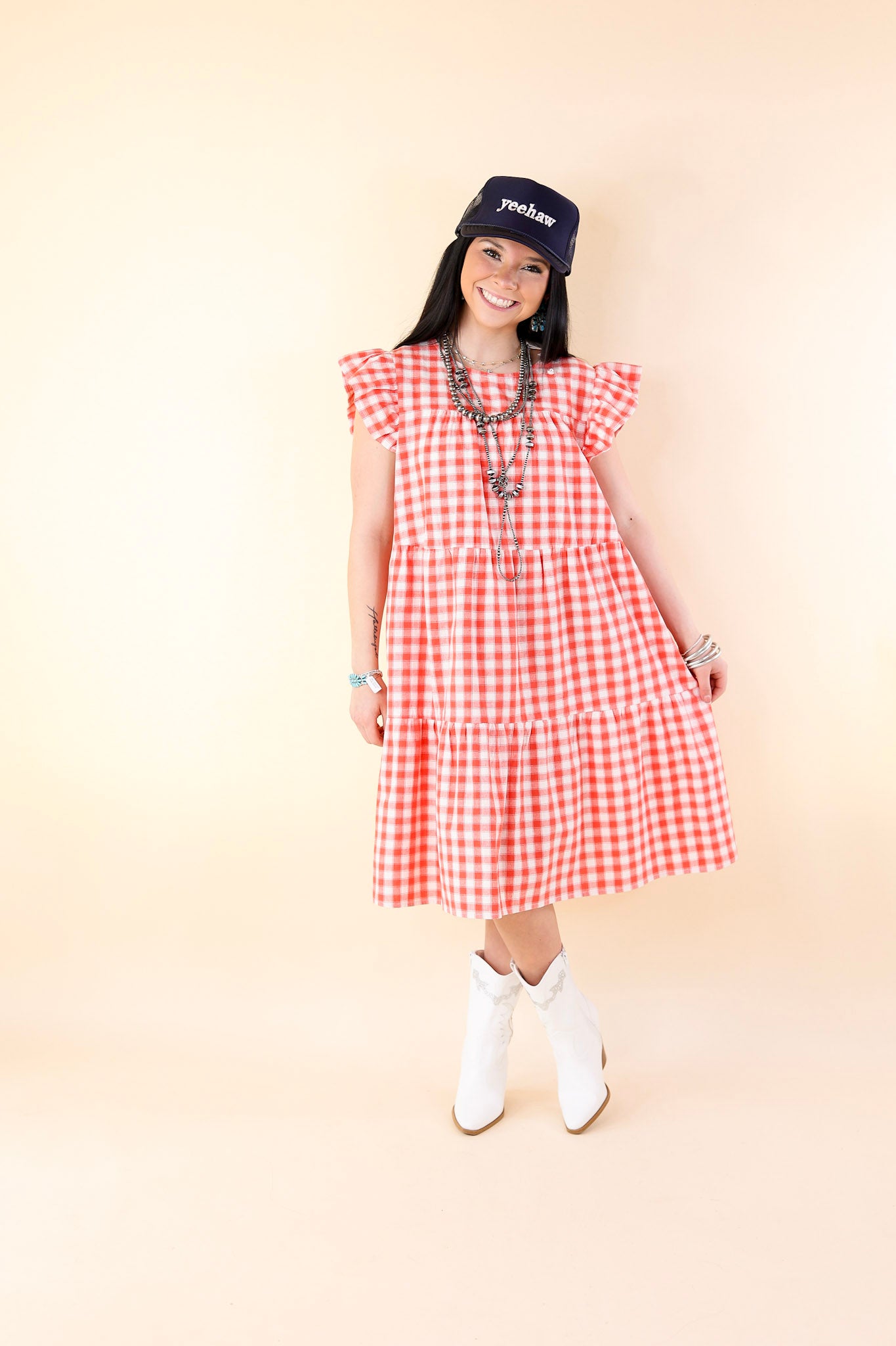 Sunny Pier Gingham Dress with Ruffle Cap Sleeves in Coral Red and White - Giddy Up Glamour Boutique