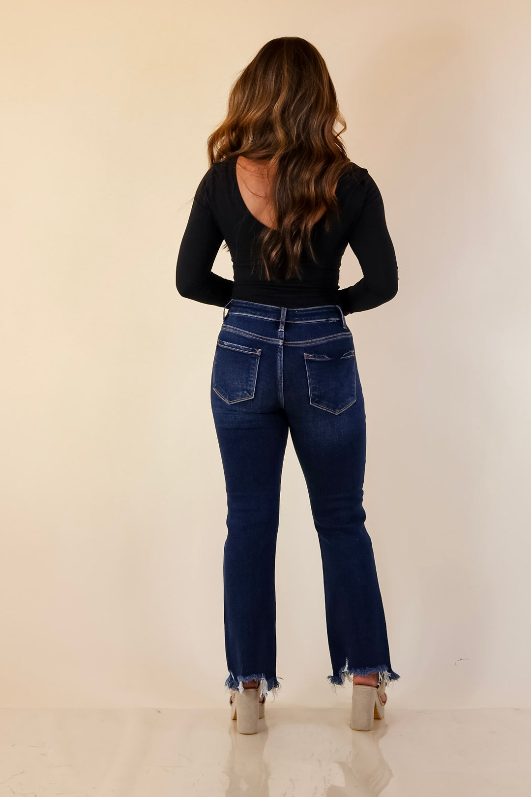 Risen | Effortless Essential Ankle Length Crop Destroyed Hem Straight Slim Jean in Dark Wash