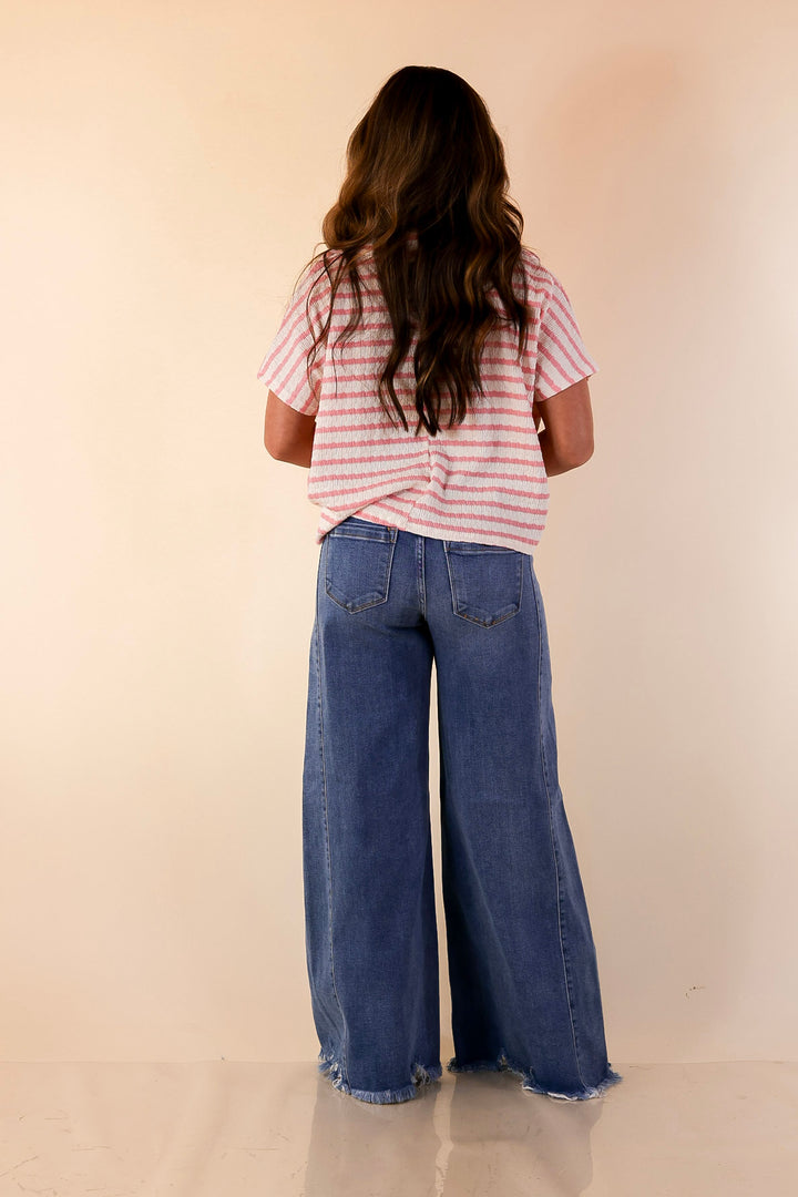 Simply Said Striped Drop Shoulder Collared Cropped Top in Ivory with Pink Stripes