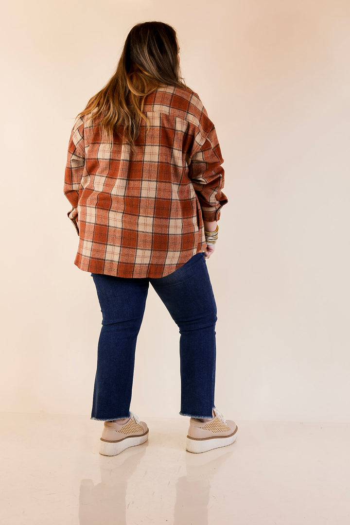 Kindness Everywhere Button Up Plaid Shacket in Burnt Orange