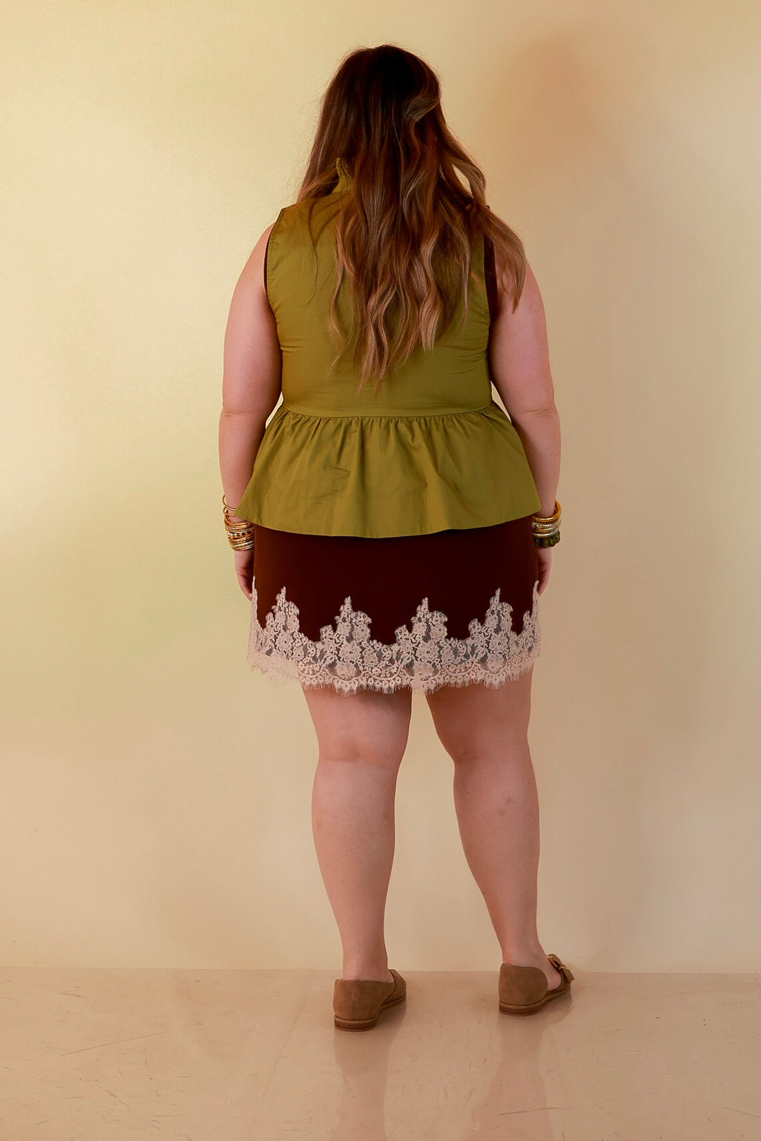 Poised &amp; Polished Sleeveless Ruffle Neck Button Front Peplum Top in Chartreuse Olive Green