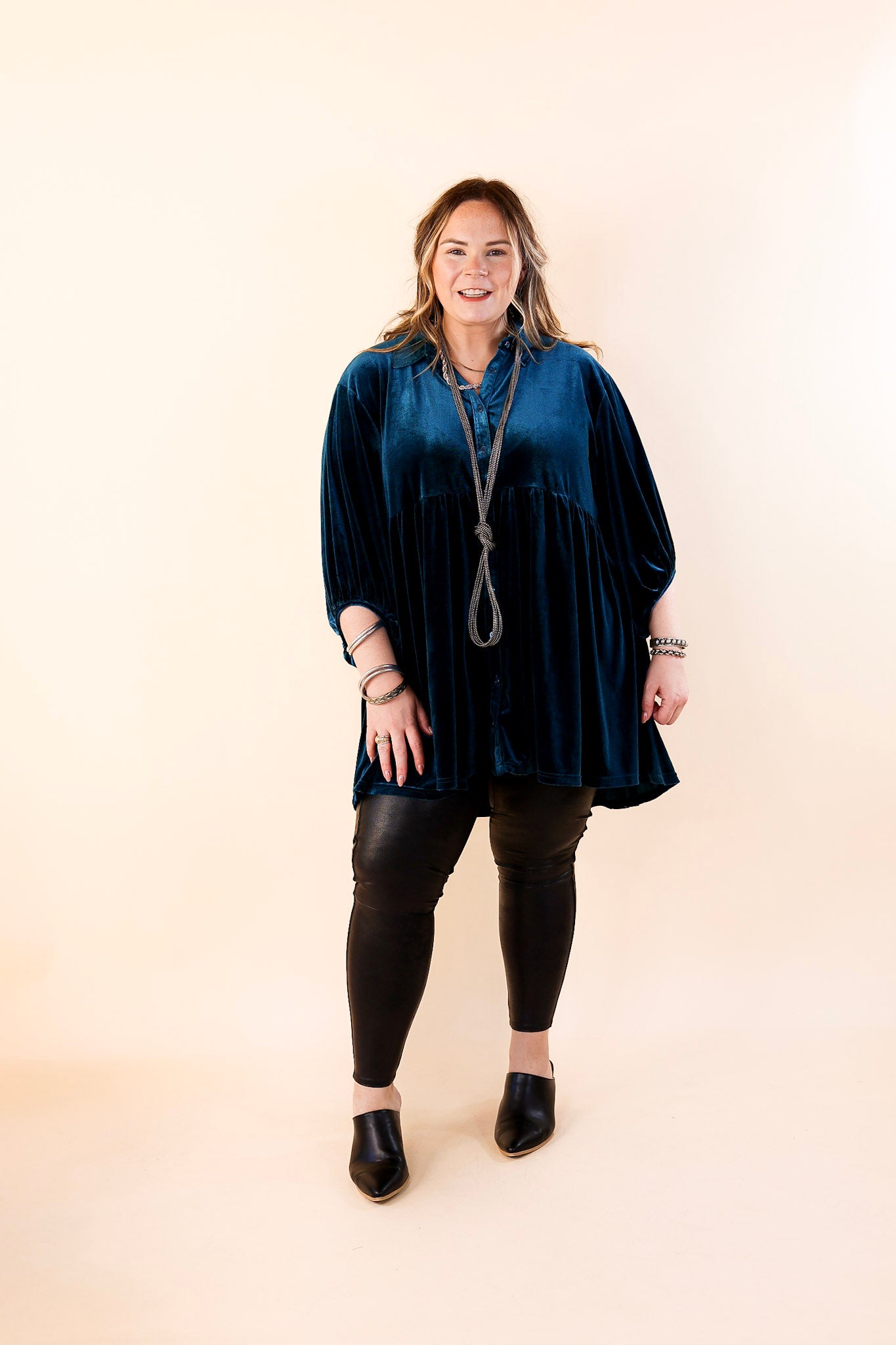 Love Link Button Up Velvet Half Sleeve Babydoll Tunic Top in Teal Blue