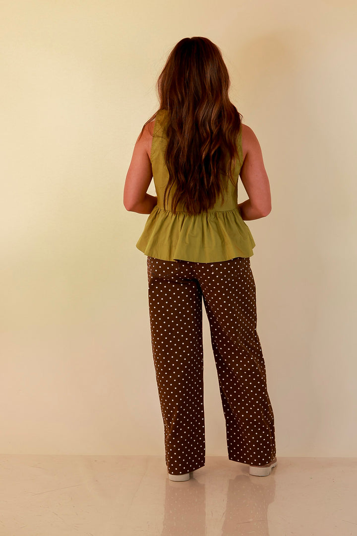 Rosy Outlook Polka Dot Print Wide Leg Denim Pants with Front Seam and Pockets in Chocolate Brown