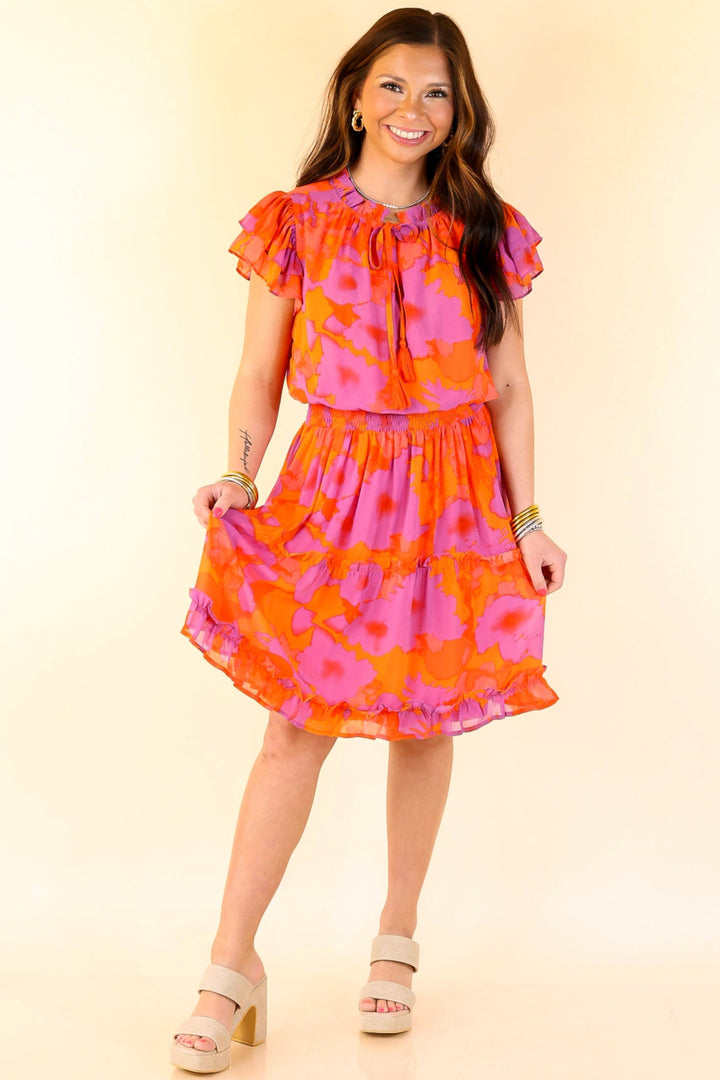 Girl On Fire Ruffle Sleeve and Tie Neck Dress in Orange and Purple