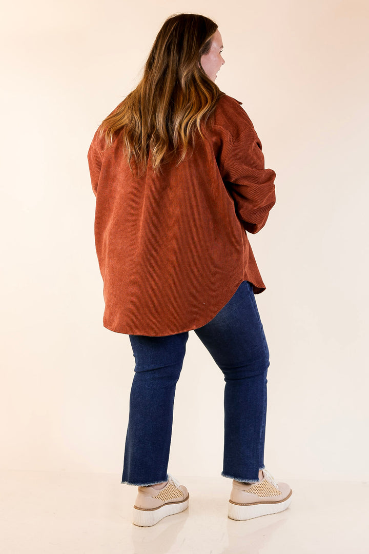 Latte Sips Button Up Corduroy Shacket in Rust