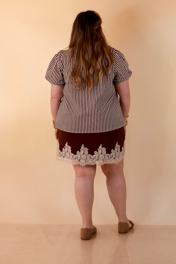 Pop of Polish Short Puff Sleeve Button Front Top with Contrast Trim in White, Chocolate Brown and Blue